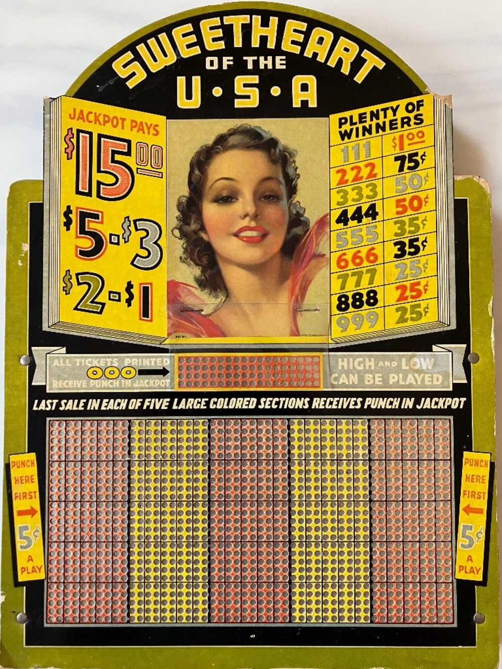 RARE Unused Vintage Punchboard Game "Sweetheart of the USA" 14.5 x 11